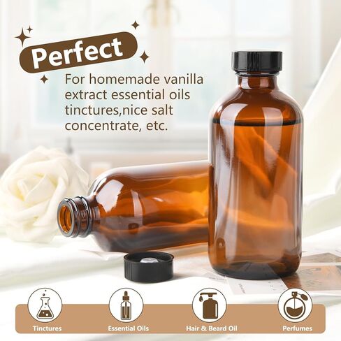 12 Pack 8 oz Amber Glass Boston Bottle With Black Poly Cap, Funnel, Chalk Labels, Pen, Dispensing Bottles for Homemade Vanilla Extract, Essential Oils, Herbal Medicine, Wedding Christmas Decor in Saudi Arabia