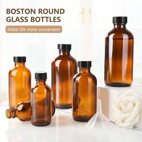 12 Pack 8 oz Amber Glass Boston Bottle With Black Poly Cap, Funnel, Chalk Labels, Pen, Dispensing Bottles for Homemade Vanilla Extract, Essential Oils, Herbal Medicine, Wedding Christmas Decor in Saudi Arabia