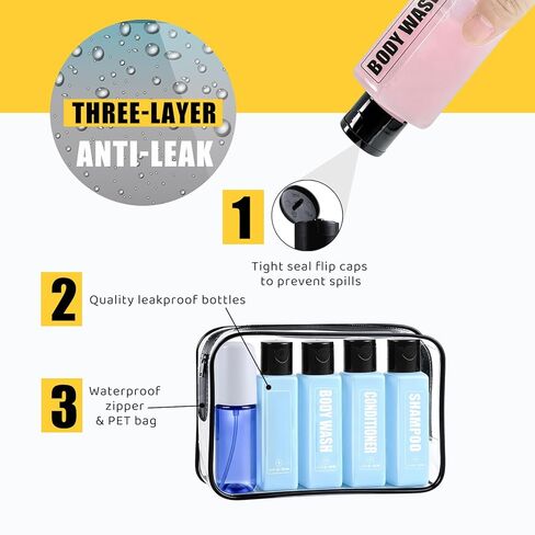 Leakproof Travel Shampoo Bottles for Toiletries TSA Approved Travel Size Toiletries Bottles, 3.4oz Refillable Squeeze Containers Set with Spray Bottle -5 Pack in Saudi Arabia