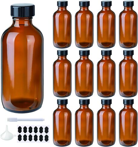 12 Pack 8 oz Amber Glass Boston Bottle With Black Poly Cap, Funnel, Chalk Labels, Pen, Dispensing Bottles for Homemade Vanilla Extract, Essential Oils, Herbal Medicine, Wedding Christmas Decor in Saudi Arabia
