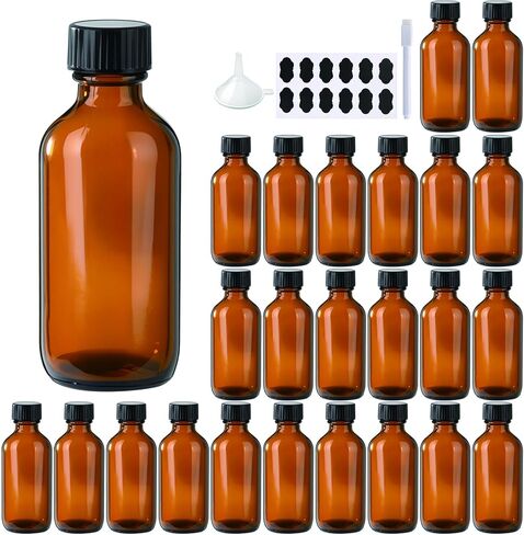 12 Pack 8 oz Amber Glass Boston Bottle With Black Poly Cap, Funnel, Chalk Labels, Pen, Dispensing Bottles for Homemade Vanilla Extract, Essential Oils, Herbal Medicine, Wedding Christmas Decor in Saudi Arabia