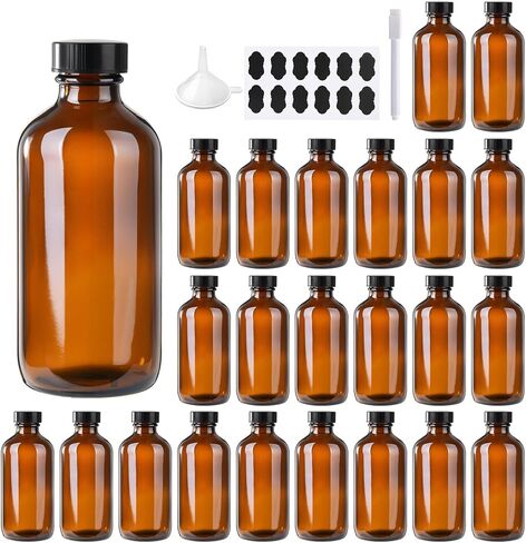 12 Pack 8 oz Amber Glass Boston Bottle With Black Poly Cap, Funnel, Chalk Labels, Pen, Dispensing Bottles for Homemade Vanilla Extract, Essential Oils, Herbal Medicine, Wedding Christmas Decor in Saudi Arabia