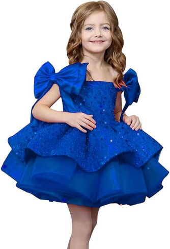 Sparkly Sequin Puffy Flower Dresses Short Girls A Line Princess Bow Knot Birthday Party Dress PT616 in Saudi Arabia