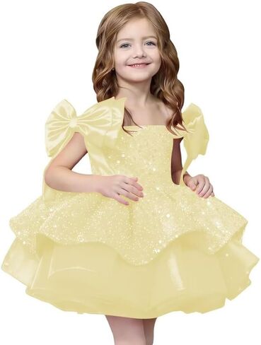 Sparkly Sequin Puffy Flower Dresses Short Girls A Line Princess Bow Knot Birthday Party Dress PT616 in Saudi Arabia