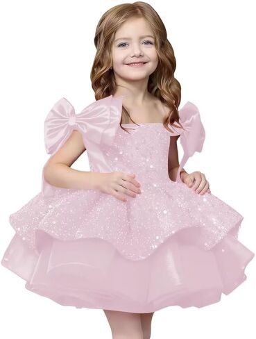 Sparkly Sequin Puffy Flower Dresses Short Girls A Line Princess Bow Knot Birthday Party Dress PT616 in Saudi Arabia