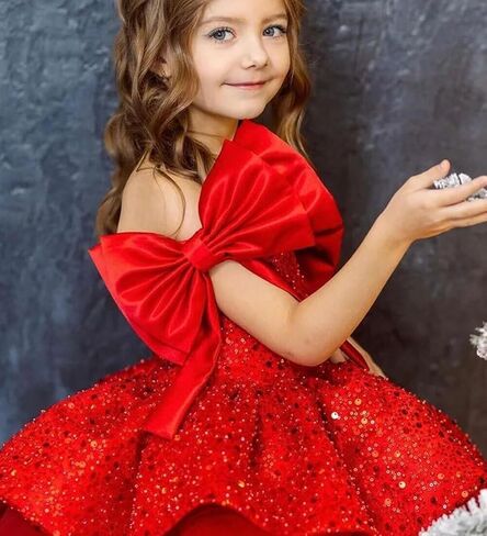 Sparkly Sequin Puffy Flower Dresses Short Girls A Line Princess Bow Knot Birthday Party Dress PT616 in Saudi Arabia