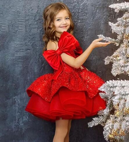 Sparkly Sequin Puffy Flower Dresses Short Girls A Line Princess Bow Knot Birthday Party Dress PT616 in Saudi Arabia