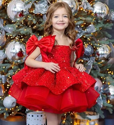 Sparkly Sequin Puffy Flower Dresses Short Girls A Line Princess Bow Knot Birthday Party Dress PT616 in Saudi Arabia