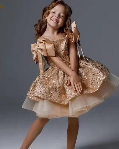 Sparkly Sequin Puffy Flower Dresses Short Girls A Line Princess Bow Knot Birthday Party Dress PT616 in Saudi Arabia