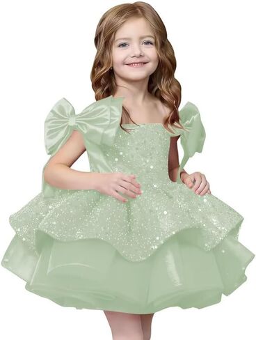 Sparkly Sequin Puffy Flower Dresses Short Girls A Line Princess Bow Knot Birthday Party Dress PT616 in Saudi Arabia