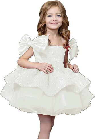 Sparkly Sequin Puffy Flower Dresses Short Girls A Line Princess Bow Knot Birthday Party Dress PT616 in Saudi Arabia
