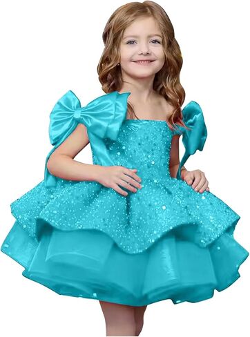 Sparkly Sequin Puffy Flower Dresses Short Girls A Line Princess Bow Knot Birthday Party Dress PT616 in Saudi Arabia