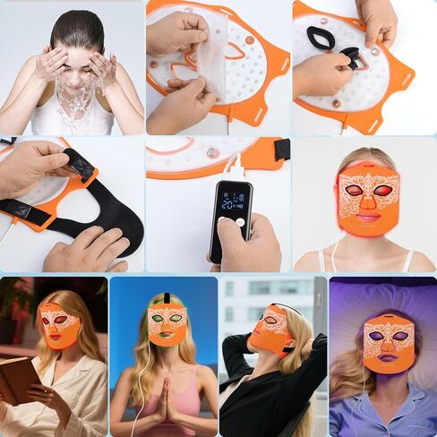 Red Light Therapy for Face Mask with Ice Compress, 850nm Infrared Red Light Therapy, 7+1 Light Modes Led Face Mask Light Therapy, Level 5 Timing, 3000mAh, Led Mask Light Therapy for Home, Orange in Saudi Arabia