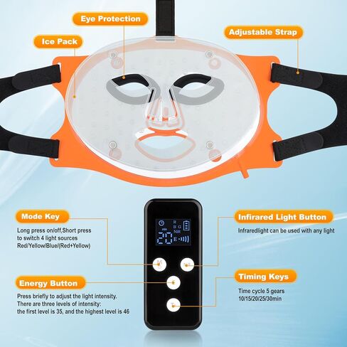 Red Light Therapy for Face Mask with Ice Compress, 850nm Infrared Red Light Therapy, 7+1 Light Modes Led Face Mask Light Therapy, Level 5 Timing, 3000mAh, Led Mask Light Therapy for Home, Orange in Saudi Arabia