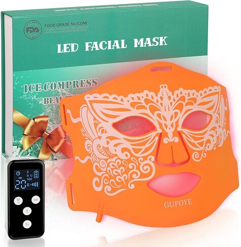 Red Light Therapy for Face Mask with Ice Compress, 850nm Infrared Red Light Therapy, 7+1 Light Modes Led Face Mask Light Therapy, Level 5 Timing, 3000mAh, Led Mask Light Therapy for Home, Orange in Saudi Arabia