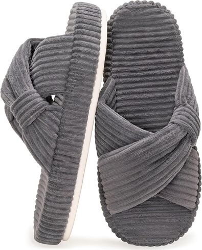 Women's House Slippers Corduroy Indoor Slippers Memory Foam Bedroom Open Toe Slippers Cross Band House Shoes in Kuwait