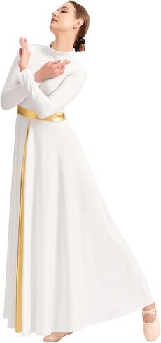 Women's Praise Dance Dress Metallic Waistband Long Swing Liturgical Worship Church Robe in Saudi Arabia