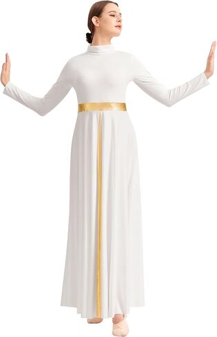 Women's Praise Dance Dress Metallic Waistband Long Swing Liturgical Worship Church Robe in Saudi Arabia