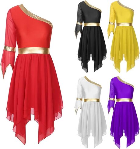 Women Dress Performance Costumes One Shoulder Flare Sleeve Irregular Hem Praise Liturgical Dresses in Saudi Arabia