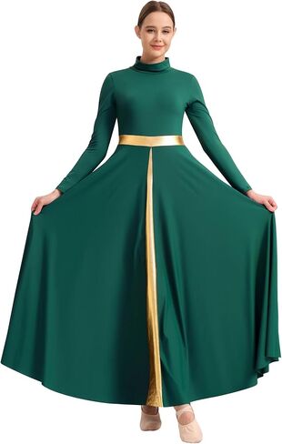 Women's Praise Dance Dress Metallic Waistband Long Swing Liturgical Worship Church Robe in Saudi Arabia