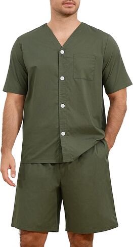 U2SKIIN Men's 100% Cotton Pajama Set Soft Breathable V Neck Button Down Short Sleeve Short with Pocket for Home Lounge Relax in Saudi Arabia