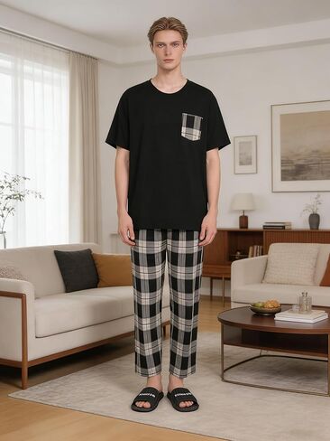 Black Plaid Men's Pajama Sets, Soft Pajama Pants Pjs for Mens, Pijamas Para Hombres in Saudi Arabia