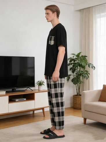 Black Plaid Men's Pajama Sets, Soft Pajama Pants Pjs for Mens, Pijamas Para Hombres in Saudi Arabia