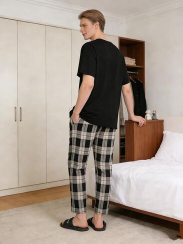 Black Plaid Men's Pajama Sets, Soft Pajama Pants Pjs for Mens, Pijamas Para Hombres in Saudi Arabia