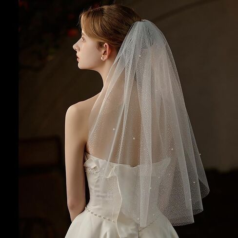 Wedding Veils for Brides Pearl Short 1 Tier Wedding Veil with Comb for Wedding Bachelorette Party in Saudi Arabia