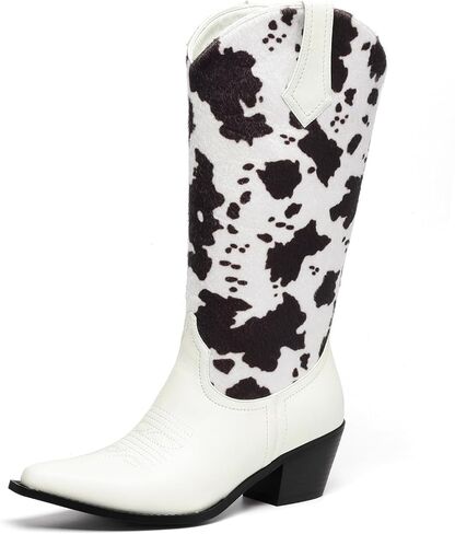 Women's Knee-High Cowboy Boots, Fashion Print Western Boots with 2.25" Block Heel & Side Zipper, Pointed Toe Boots (White/Brown) in Saudi Arabia