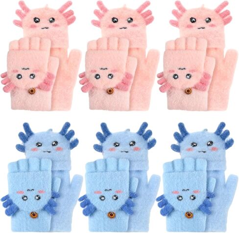 Geyoga 6 Pairs Axolotl Kids Fingerless Gloves Christmas Convertible Flip Top Gloves Convertible Mittens for 7-12 Boys Girls in Saudi Arabia