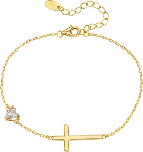 NORBU S925 Cross Bracelet for Women, 18K Gold Plated Sterling Silver Womens Cross Bracelet with Heart Birthstones, Religious Christmas Gift Anniversary Birthday Jewelry for Wife Girlfriend Her in Saudi Arabia