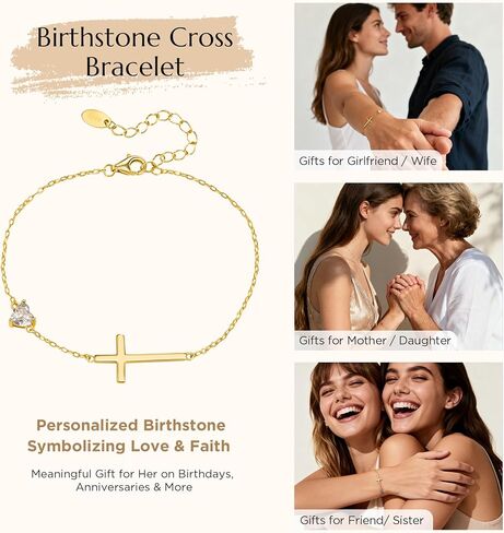 NORBU S925 Cross Bracelet for Women, 18K Gold Plated Sterling Silver Womens Cross Bracelet with Heart Birthstones, Religious Christmas Gift Anniversary Birthday Jewelry for Wife Girlfriend Her in Saudi Arabia