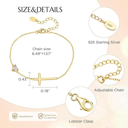 NORBU S925 Cross Bracelet for Women, 18K Gold Plated Sterling Silver Womens Cross Bracelet with Heart Birthstones, Religious Christmas Gift Anniversary Birthday Jewelry for Wife Girlfriend Her in Saudi Arabia