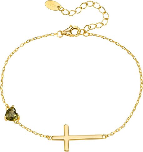 NORBU S925 Cross Bracelet for Women, 18K Gold Plated Sterling Silver Womens Cross Bracelet with Heart Birthstones, Religious Christmas Gift Anniversary Birthday Jewelry for Wife Girlfriend Her in Saudi Arabia
