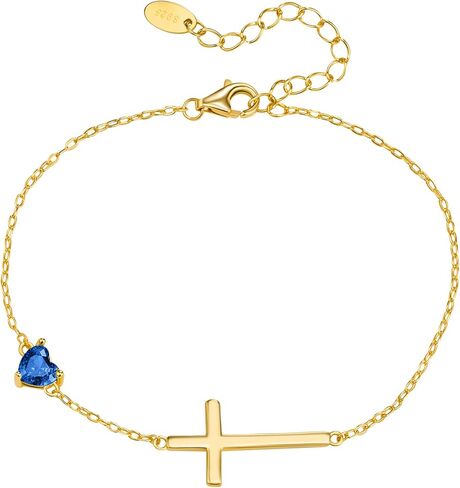 NORBU S925 Cross Bracelet for Women, 18K Gold Plated Sterling Silver Womens Cross Bracelet with Heart Birthstones, Religious Christmas Gift Anniversary Birthday Jewelry for Wife Girlfriend Her in Saudi Arabia