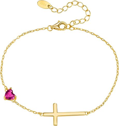 NORBU S925 Cross Bracelet for Women, 18K Gold Plated Sterling Silver Womens Cross Bracelet with Heart Birthstones, Religious Christmas Gift Anniversary Birthday Jewelry for Wife Girlfriend Her in Saudi Arabia