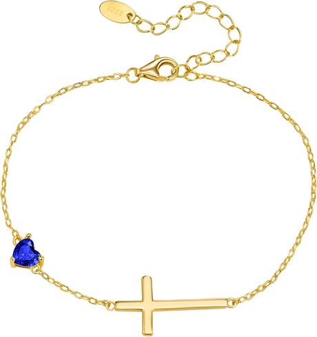 NORBU S925 Cross Bracelet for Women, 18K Gold Plated Sterling Silver Womens Cross Bracelet with Heart Birthstones, Religious Christmas Gift Anniversary Birthday Jewelry for Wife Girlfriend Her in Saudi Arabia
