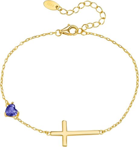 NORBU S925 Cross Bracelet for Women, 18K Gold Plated Sterling Silver Womens Cross Bracelet with Heart Birthstones, Religious Christmas Gift Anniversary Birthday Jewelry for Wife Girlfriend Her in Saudi Arabia
