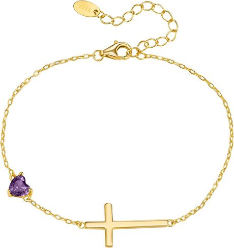 NORBU S925 Cross Bracelet for Women, 18K Gold Plated Sterling Silver Womens Cross Bracelet with Heart Birthstones, Religious Christmas Gift Anniversary Birthday Jewelry for Wife Girlfriend Her in Saudi Arabia