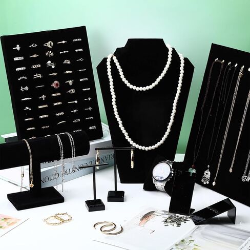 Quelay 33 Pcs Velvet Jewelry Display Set for Selling Necklace Display Stand for Bracelet Holder, Wrist watch, Earring T-Stand, Black Jewelry Stands for Selling Craft Showcase Organizer in Saudi Arabia