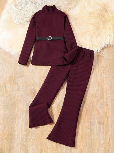 Girls Ribbed Knit 2 Piece Outfit Set Long Sleeve Turtleneck Top and Flared Pants Soft Stretchy Lounge Tracksuit in Saudi Arabia