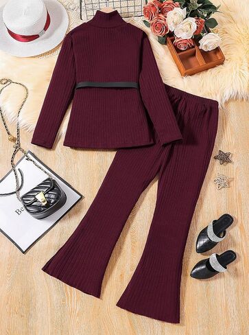 Girls Ribbed Knit 2 Piece Outfit Set Long Sleeve Turtleneck Top and Flared Pants Soft Stretchy Lounge Tracksuit in Saudi Arabia