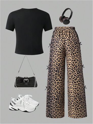 Milumia Girl's 2 Piece Outfits Leopard Top Tee and Loose Casual Wide Leg Pants Sets Streetwear in Saudi Arabia