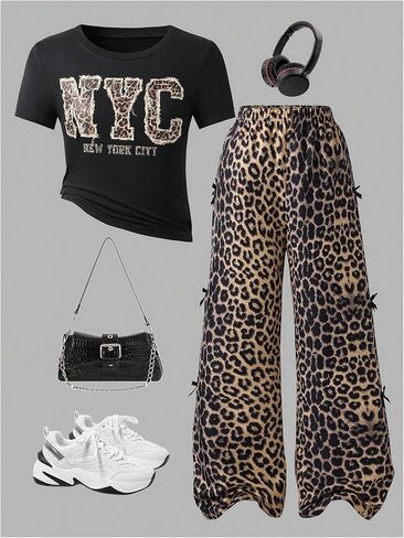 Milumia Girl's 2 Piece Outfits Leopard Top Tee and Loose Casual Wide Leg Pants Sets Streetwear in Saudi Arabia