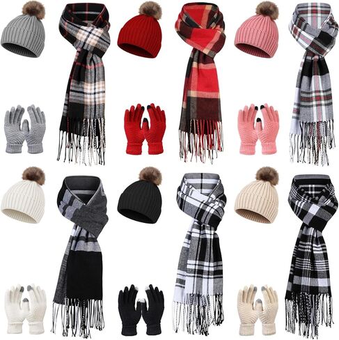 24 Pack Women Winter Hat Scarf Gloves Ear Warmer Set Beanie with Pom Plaid Scarf Touchscreen Gloves Earmuffs in Saudi Arabia