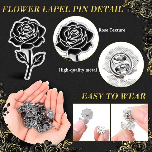 Tondiamo 25/50 Pcs Black Rose Enamel Pins Bulk Rose Flower Lapel Brooch for Valentine's Day Women Men Gifts Clothes Bags Hats in Saudi Arabia
