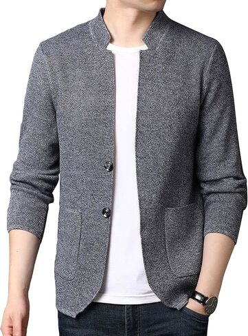 Lu's Chic Men's Soft Knit Blazer Open Front Cardigan Sweater Lightweight Mandarin Collar Slim Fit Casual Sports Coats Jacket in Saudi Arabia