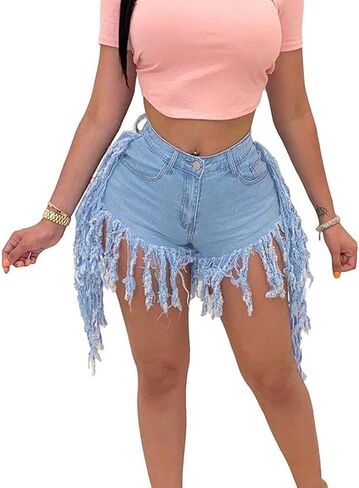 Women's Junior Tassels Jean Shorts High Waisted Frayed Raw Hem Ripped Denim Short in Saudi Arabia
