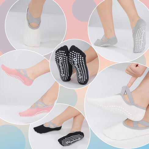 4 أزواج من جوارب البيلاتيس مع مقابض للنساء من Jspupifip، أشرطة متقاطعة على شكل حرف X، جوارب يوجا مضادة للانزلاق مضادة للانزلاق بيلاتيس باري هوم in Kuwait